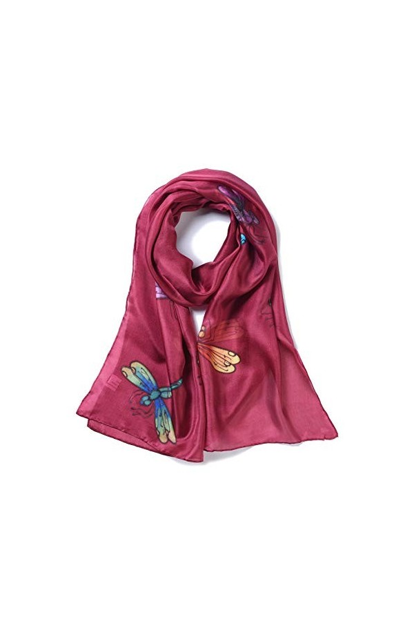 Invisible World Foulard Soie 100% Femme pour Cheveux, Cou, Tete Echarpe Longue Peint a la Main - Libellule - Bourgogne