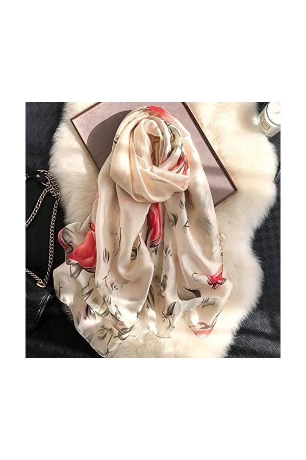 ROBAUN Foulard en Soie Femme Impression Soie Satin Soie mûrier Soie crème Solaire Tout Match Longue écharpe Plage châle-F-52-