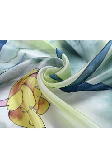 Invisible World Foulard Soie 100% Femme pour Cheveux, Cou, Tete Echarpe Longue Peint a la Main - Jardin dEau -Bleu