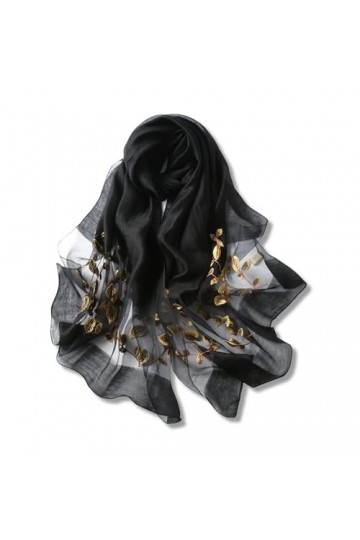 LumiSyne Foulard Soie De Mûrier Femme Écharpe En Mousseline Tulle Transparent Avec Broderie Feuille Léger Doux Écharpe Longue
