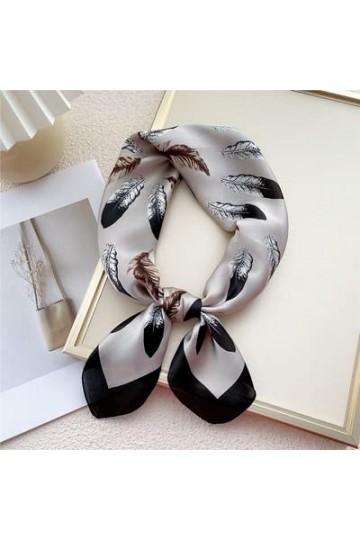 BREWIX Femmes Bandeau Châle, Élégant Plume Imprime Satin Petit Carré Wraps Foulards Multifonction Polyester Foulard en Soie F