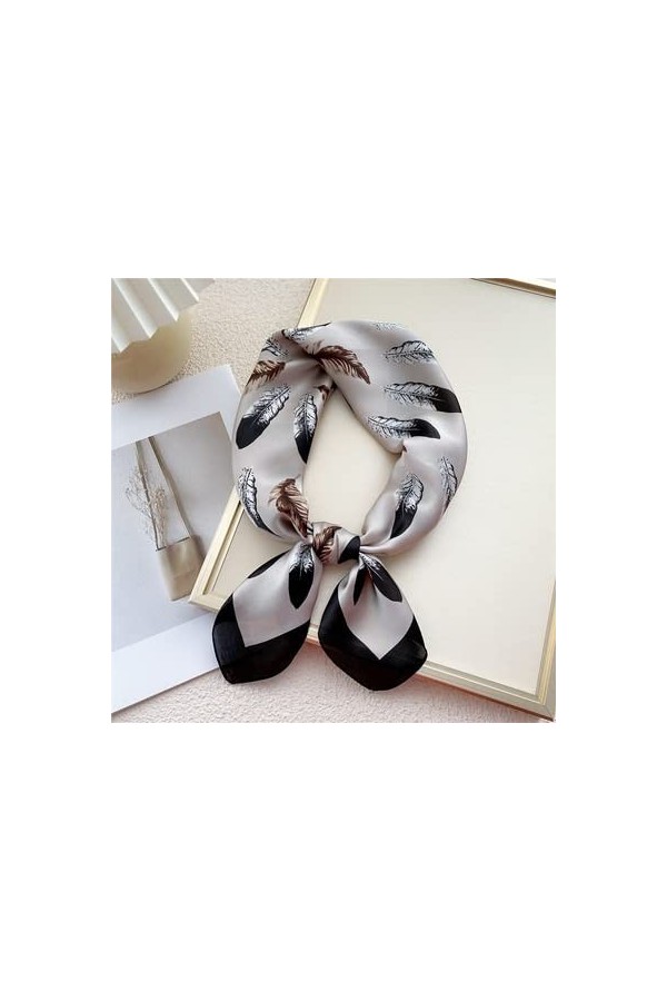 BREWIX Femmes Bandeau Châle, Élégant Plume Imprime Satin Petit Carré Wraps Foulards Multifonction Polyester Foulard en Soie F