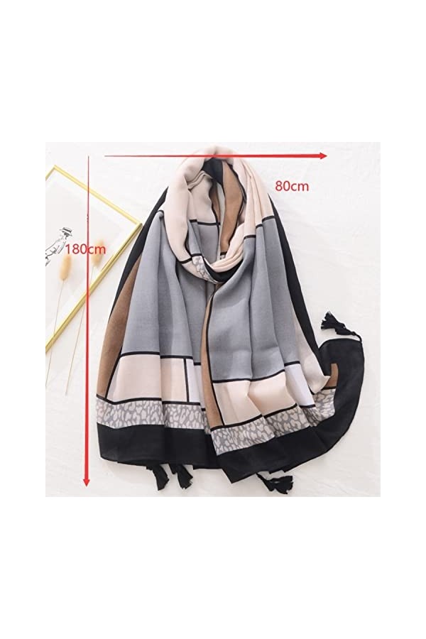 SOCUY Echarpe Châle Foulard Etole Foulards Doux Léger Coton Lin Léopard Couture Écharpe À Carreaux Glands Écharpe Foulards