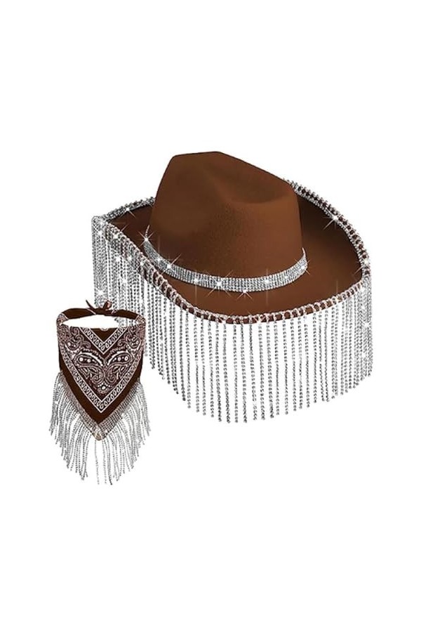 Bandana à franges avec strass et chapeau de cowboy Weatern Discos Cowgirl Bachelorette Écharpe Cowgirl Foulard Western Cowboy
