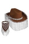Bandana à franges avec strass et chapeau de cowboy Weatern Discos Cowgirl Bachelorette Écharpe Cowgirl Foulard Western Cowboy