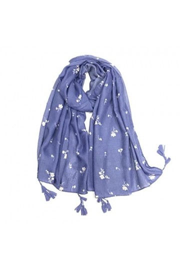 MOBAAK Echarpes Et Foulards Femme Écharpe Châle Doux Léger Coton Lin Bleu Imprimé Floral Écharpe Glands Châle Foulard Chale F