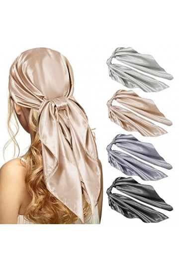 VOZABU Lot de 4 foulards en satin de 89 cm pour cheveux - Grand carré - Soyeux - Pour femme, Gris, gris foncé, camel, gris ar