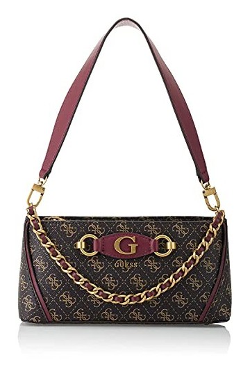 GUESS Izzy Top Zip Shoulder Bag Brown Logo/Merlot