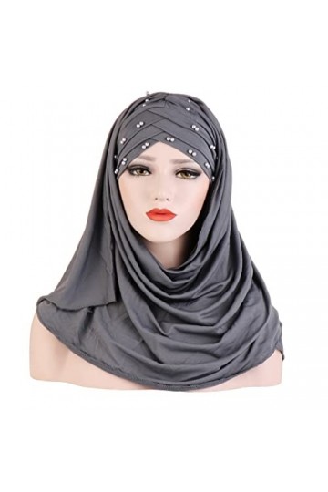 DABOURANG Hijab pour Femme Foulard en Coton Musulman uni Hijabs avec châles et enveloppes de Perles Femme Musulman Hijab prêt