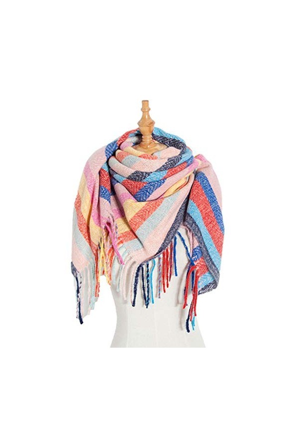 TYXL Foulard de Soie Femme, Polyester Long Glands Écharpe Grand Arc-En-Ciel Carré Châle Écharpe Rayée Colorée, Écharpe Femme,