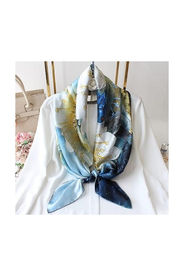 YIYUAN Écharpe en soie pour femme 100 % soie de mûrier, 106 x 106 cm style carré foulard pour toutes les saisons, bleu, 106 X