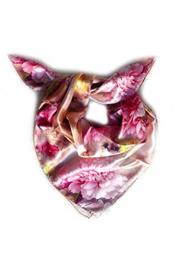 LIDA LYDI Foulard carré Satin Soie. 90 cm. Couleur Rose, Marron, Orange Clair et Beige.