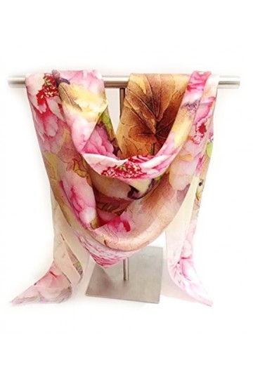 LIDA LYDI Foulard carré Satin Soie. 90 cm. Couleur Rose, Marron, Orange Clair et Beige.
