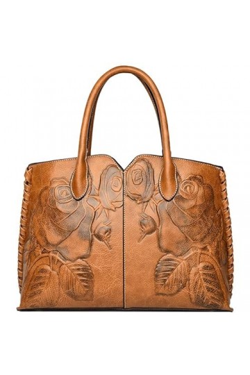 NIYUTA Sacs à Main portés Main avec Bandoulière pour Femme en Cuir PU Sac Fleur Classique en Relief Jaune Brun