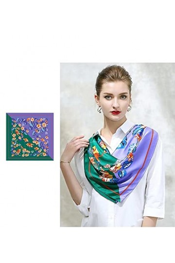 laprée - Foulard Soie Femme Carré de Soie Naturelle 16-Momme Motif Fleur 90 * 90cm Couleur Vert et Violet