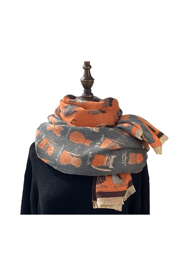QHLOM Foulard Écharpe à la Mode dhiver for Femme, Dessin animé élégant Petit Chat dimprimé Chat avec Frange, Cachemire ress