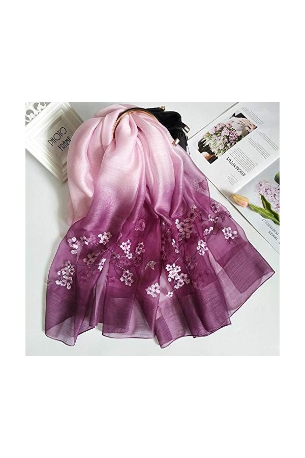 WLLLO Foulard brodé en soie femme tout-allumette longue écharpe brodée en soie mûrier châle mince-D