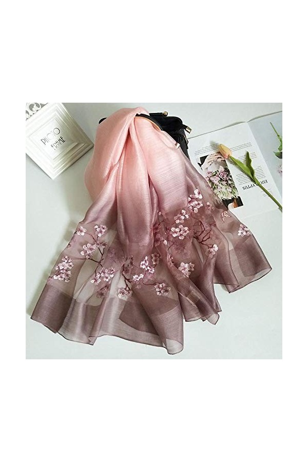 WLLLO Foulard brodé en soie femme tout-allumette longue écharpe brodée en soie mûrier châle mince-D