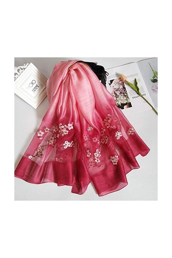 WLLLO Foulard brodé en soie femme tout-allumette longue écharpe brodée en soie mûrier châle mince-D
