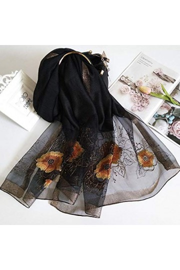 WLLLO Foulard brodé en soie Mulberry femme tout-allumette châle brodé en soie longue section mince-noir