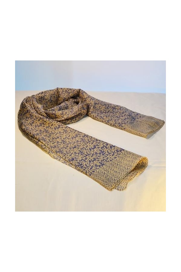 Foulard Femme Imprimé 100% Soie Bleu à Motifs Crème Design BEAT Collection Foulard 100 x 180 cm