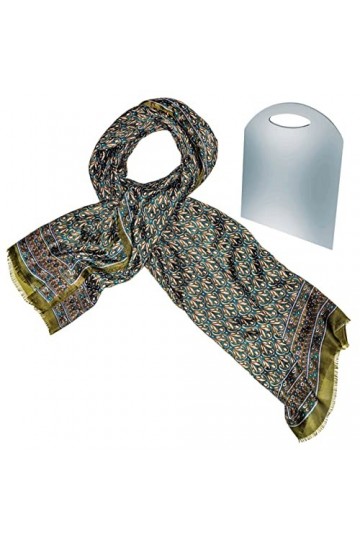 Foulard Femme 100% Soie Imprimée: Foulard Design Collection BEAT 90 x 180 cm Tons Vert et Marron