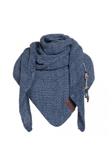 Knit Factory Coco Châle Tricoté - Foulard Triangle - Écharpe Femme - Jeans/Indigo - 190x85 cm - Y compris la broche décorativ