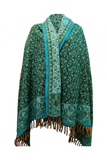 Écharpe en laine de yak faite à la main Motif floral Vert, Vert, taille unique