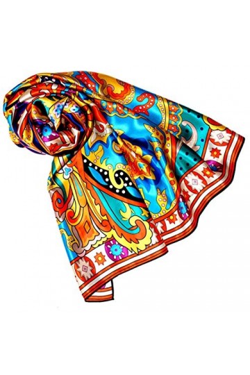 LORENZO CANA Serviette de luxe pour femme 100% soie, satin de soie XL 110 cm x 110 cm, imprimé multicolore - Orange - Taille 