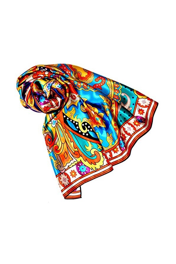 LORENZO CANA Serviette de luxe pour femme 100% soie, satin de soie XL 110 cm x 110 cm, imprimé multicolore - Orange - Taille 