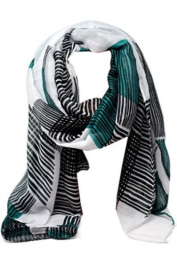 Striessnig Wien – Écharpe blanche pour femme avec rayures bleu pétrole et noir, foulard élégant tendance pour femme, env. 90 