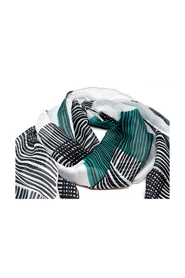 Striessnig Wien – Écharpe blanche pour femme avec rayures bleu pétrole et noir, foulard élégant tendance pour femme, env. 90 