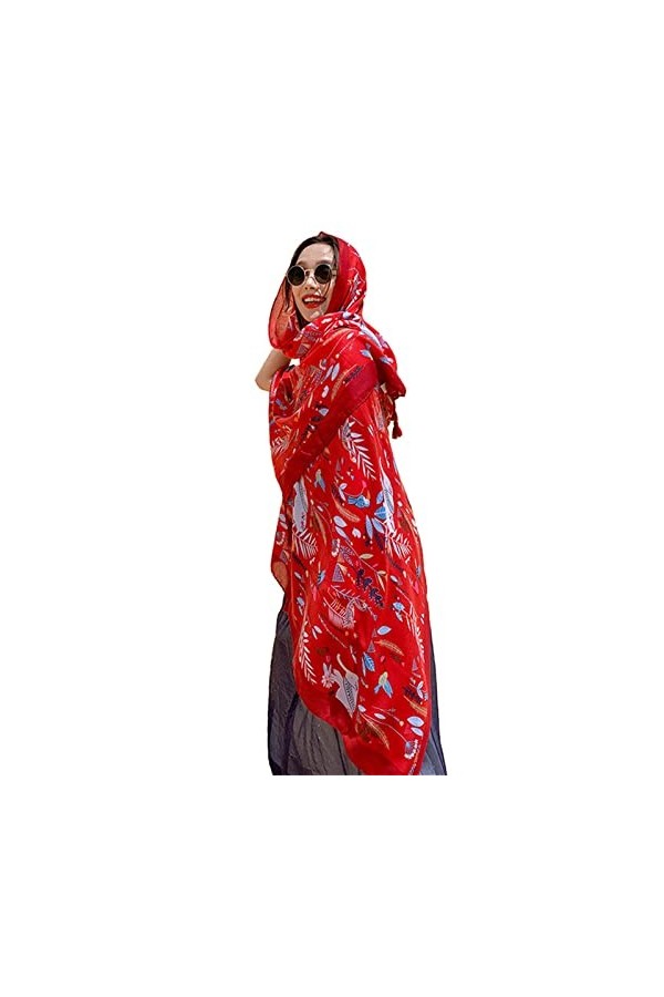 BAZIGA Dames Châle Style Ethnique Foulard en Soie Printemps Et Été Impression Voyage Mode Écharpe pour Femme Rouge 180x90cm 