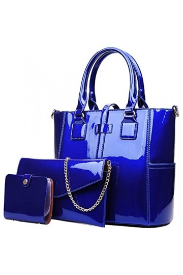 NIYUTA Sacs portés Main Femme Tendance Cuir Verni Sac mère Sacs portés épaule Sacs bandoulière Cabas 3pc Bleu