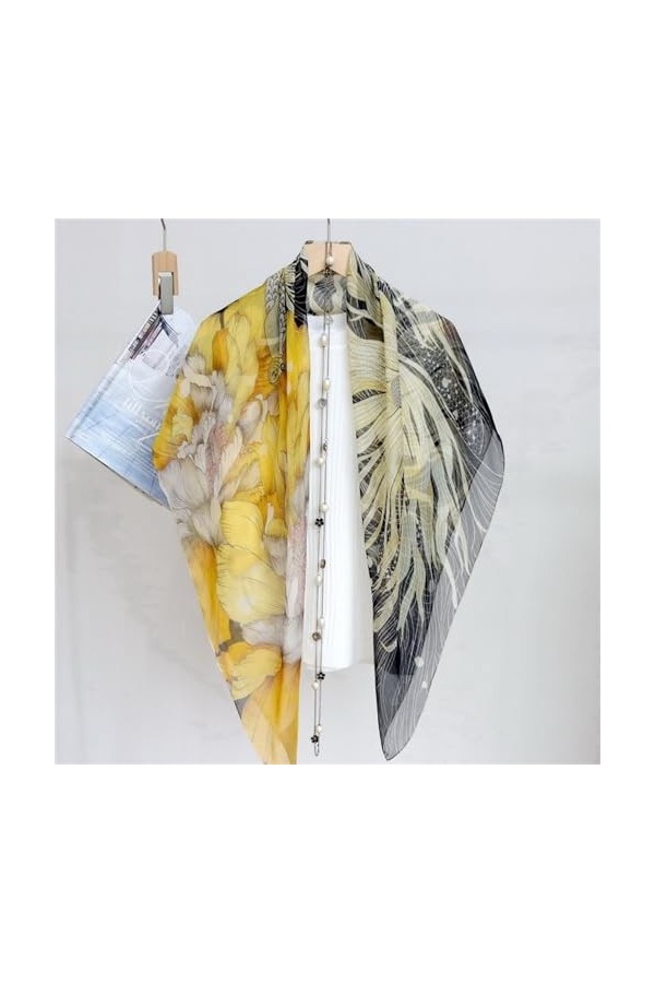 FOUNCY Foulards légers Koi pivoine tempérament Section mince été doux mousseline de soie en mousseline de soie grand carré éc