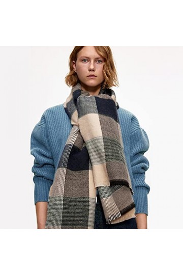 Foulard Femme Soie Cheveux pour De Hiver en Echarpe Écharpe Douce pour Femmes, Écharpe Rayée À Carreaux Bleus, Châle Envelopp