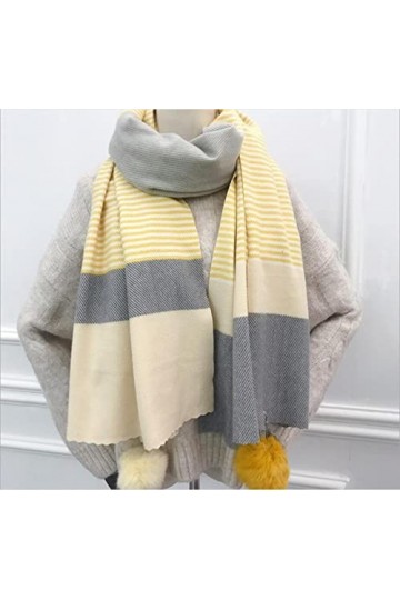 Foulard Femme Soie Cheveux pour De Hiver en Echarpe Écharpe Rayée Châle Femmes Chaud Fourrure Boule Cape Dames Couverture Épa