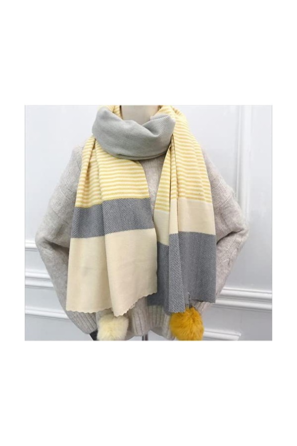 Foulard Femme Soie Cheveux pour De Hiver en Echarpe Écharpe Rayée Châle Femmes Chaud Fourrure Boule Cape Dames Couverture Épa