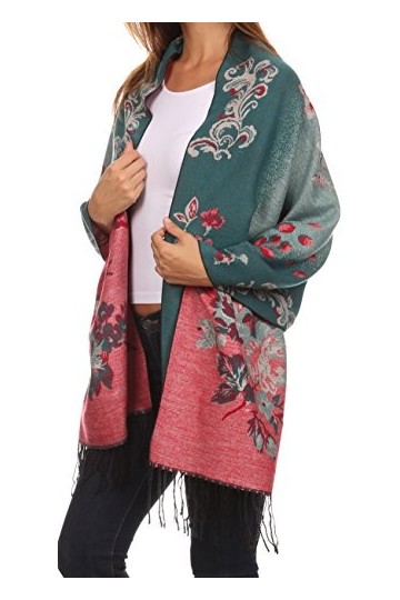 Sakkas CHS1810 Ontario Pashmina/Châle/Pèlerine/Étole Floral double couche avec bordure - 1-Sarcelle - One Size