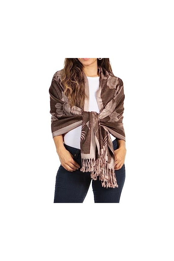 Sakkas FUPashRose06AG Châle/Echarpe/Etole Léger Deux couleurs Rose Floral Design Contours Pashmina - Rouge/Noir