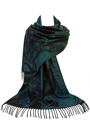 GFM® Écharpe ou châle style pashmina élégant en plumes de paon - paon vert bleu - PCKPASH-P3 