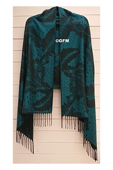 GFM® Écharpe ou châle style pashmina élégant en plumes de paon - paon vert bleu - PCKPASH-P3 