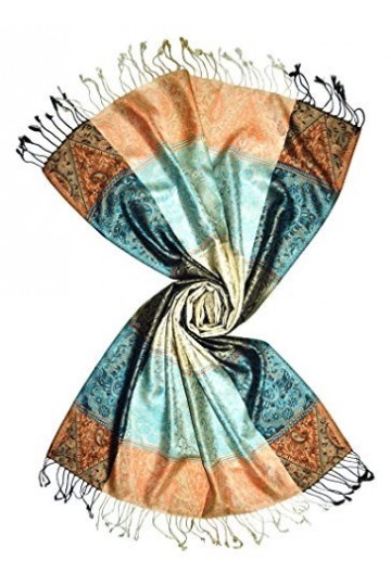 Lorenzo 78639 Cana Écharpe de luxe Pashmina pour femme – Écharpe tissée jacquard 100 % soie Motif cachemire Turquoise Bronze