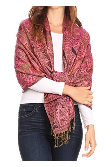 Sakkas 16125 - Kalin Long Wide Woven Patterned Fringe Tassel Pashmina Shawl/Echarpe - Rose/Noir - OS