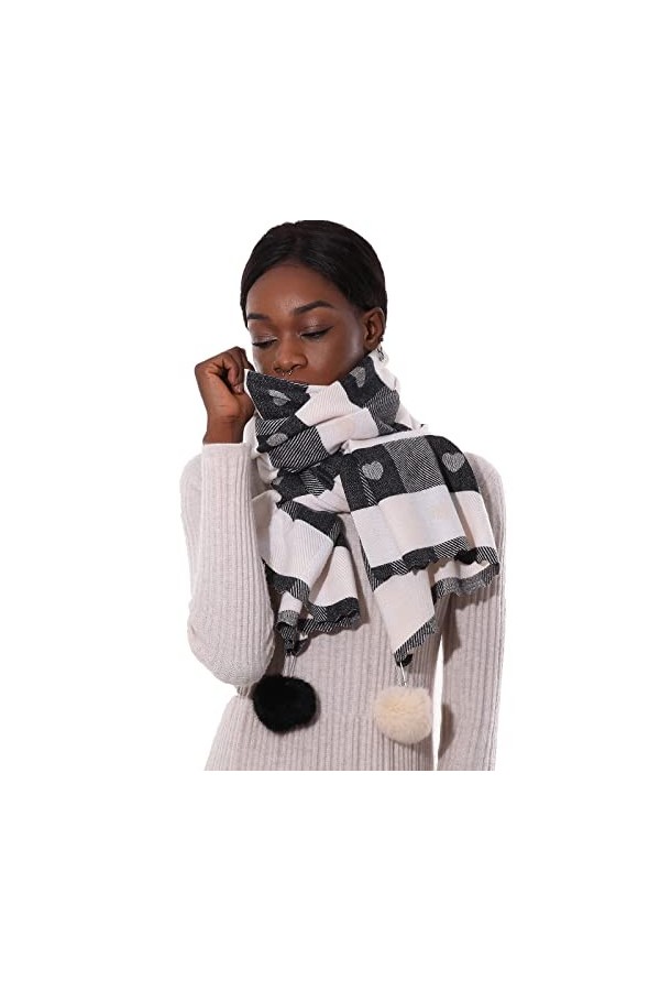 PIOYMEYA Grande Longues Écharpe Châle Blanc Pashmina Femme Etole Hiver Chaud aimer le style（avec boule de poils）