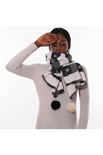 PIOYMEYA Grande Longues Écharpe Châle Blanc Pashmina Femme Etole Hiver Chaud aimer le style（avec boule de poils）