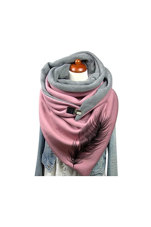 Écharpe Triangle Femme Chaud Automne Hiver Foulard En Coton à Boucle Imprimé Plume Châle à Boutons Multi-usages Mode Vintage 
