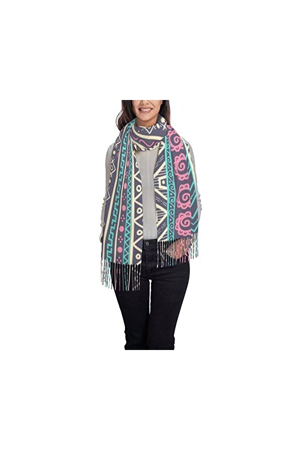 Écharpe pashmina pour femme - Grande écharpe pashmina douce en cachemire - Motif géométrique tribal, Noir 10, taille unique