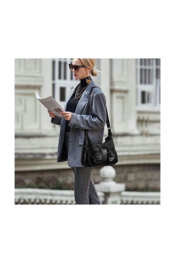 BAIGIO Sac a Main pour Femme en Cuir Souple Lave avec Multi-Poches Sac a Bandouliere Elegant et Spacieux Sac Portes Main Four