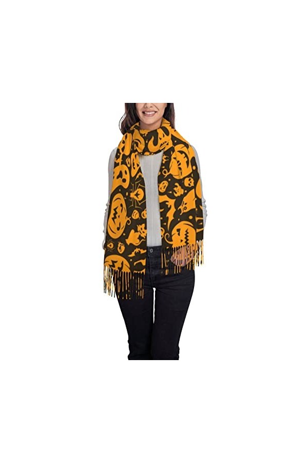 Châle pashmina pour femme - Citrouille - Chat - Chauve-souris - Fantôme - Squelette - Grande écharpe douce en cachemire, Blac
